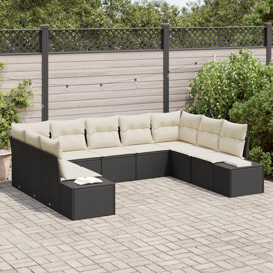 9 Persoons Tuin Sofa Set Met Kussens Poly Rattan Zwart en crème zonder tafel