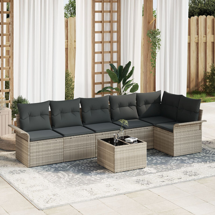 7 Deeltjes Tuin Sofa Set Met Kussens Grijze Poly Rattan Lichtgrijs met tafel