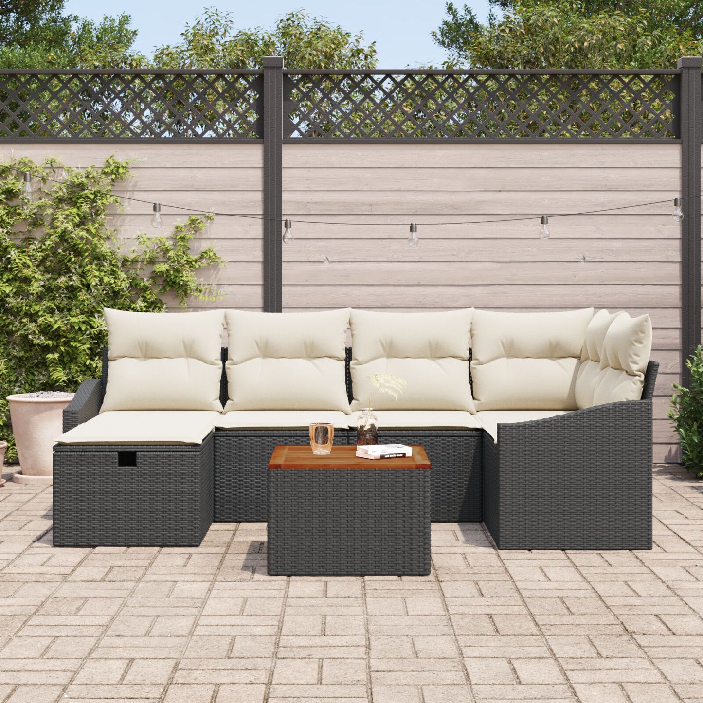 7 Delige Tuinbank Set Met Kussens Zwart Poly Rattan