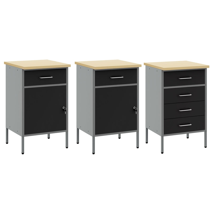 8-Delige Werkbankset Staal 3x (84/84/85 cm) Zwart 3x kast + 3x pegboard + 2x kast met deur