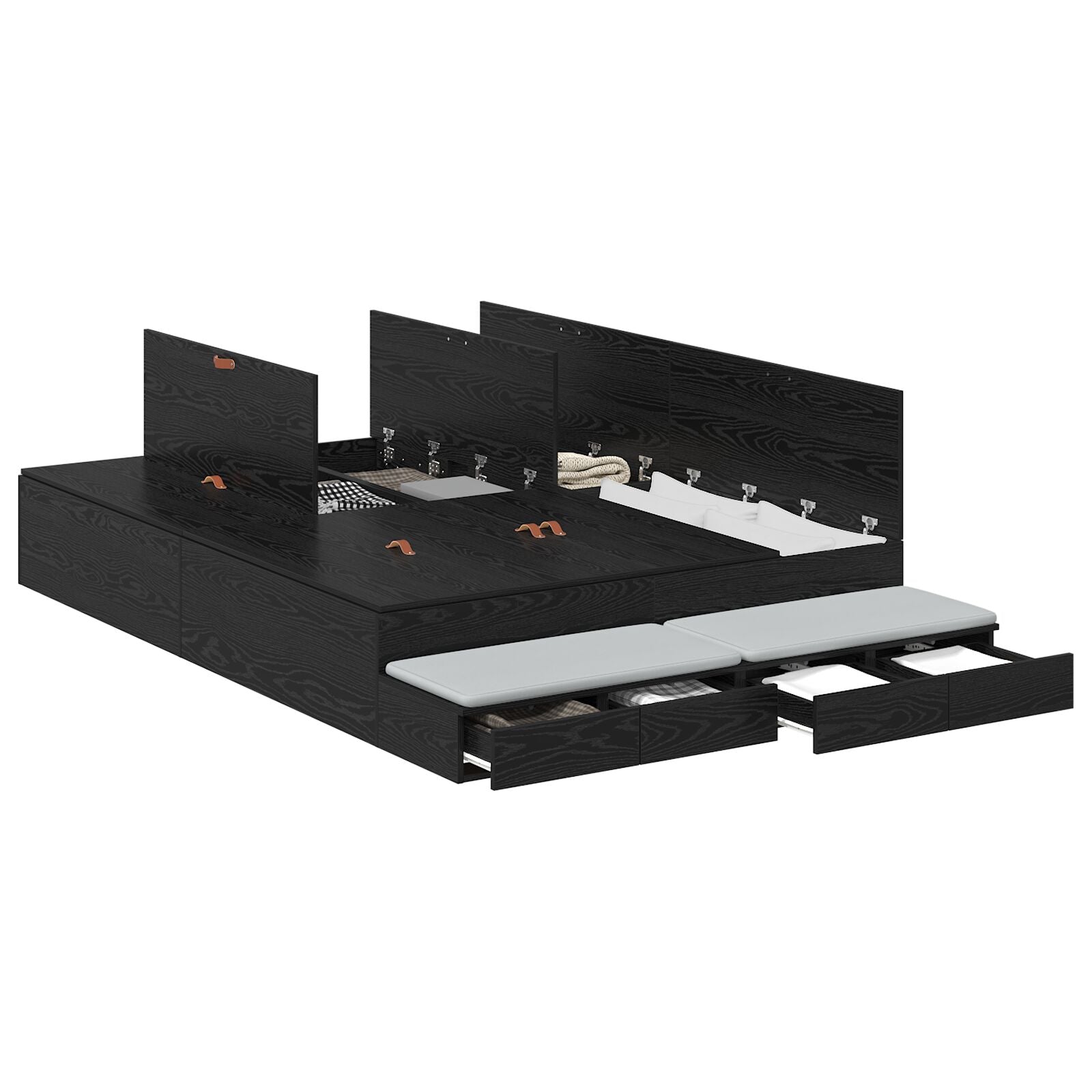 Opbergbedframe Zwart Bewerkt Hout 135,5 X 190 X 31,5 Cm Artisanaal Eiken