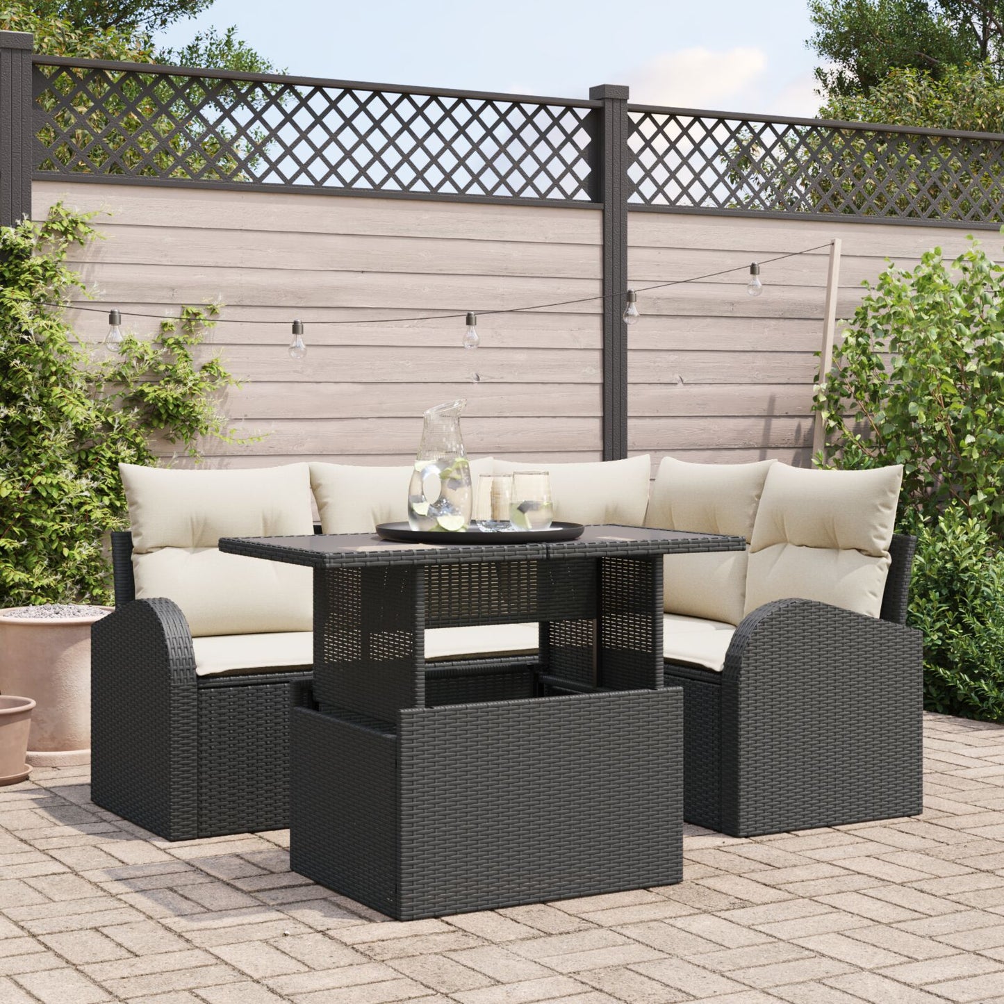 5-Delige Tuinsofaset Met Kussens Zwart Poly Rattan