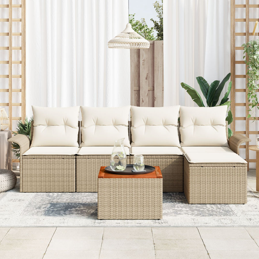 6-Delige Tuin Sofa Set Met Kussens Beige Poly Riet Acacia