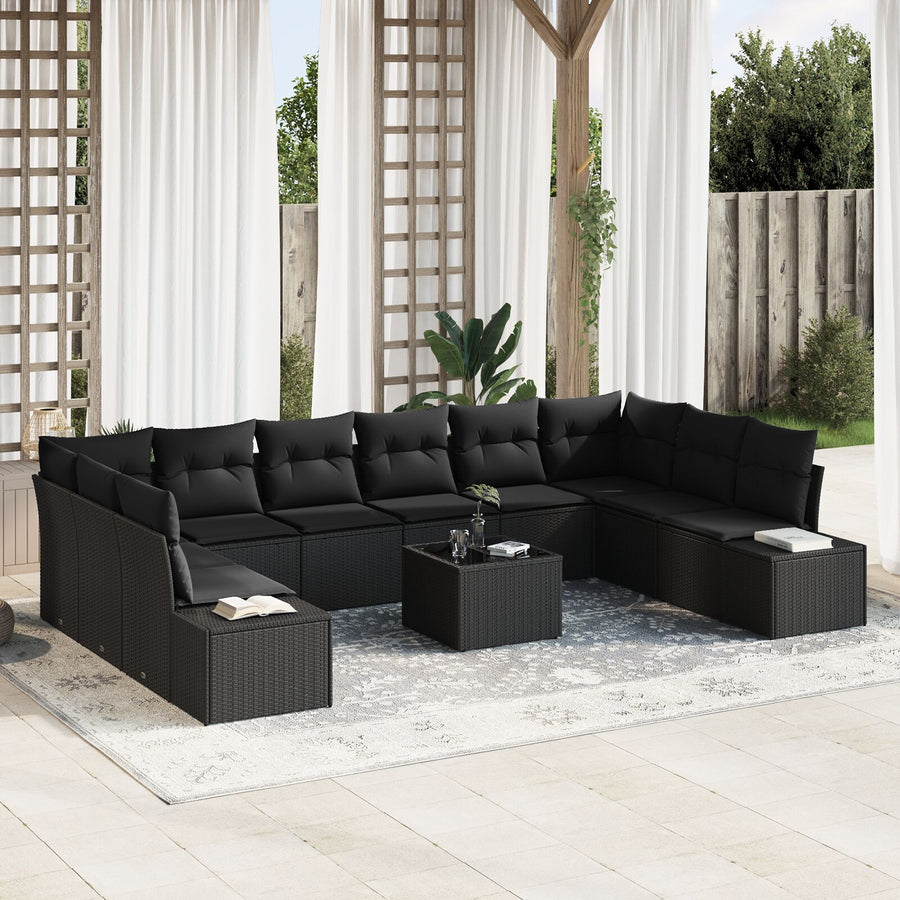11-Delige Tuinsofa Set Met Kussens Beige Poly Rattan Zwart met tafel