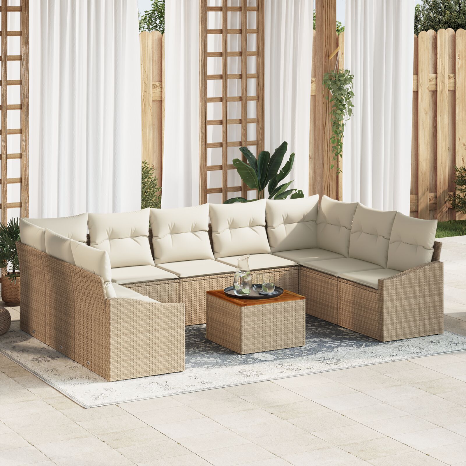 10-Delig Tuinsofa Set Met Kussens Beige Poly Rattan Acacia