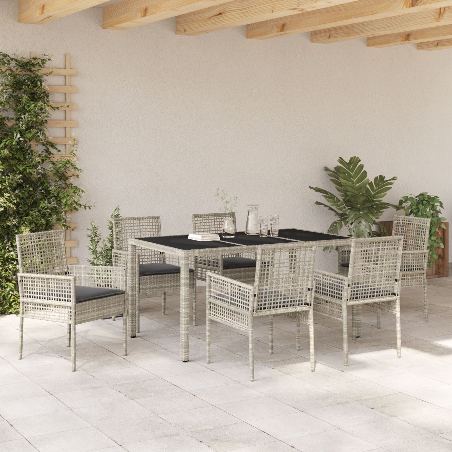 7-Delige Tuin Eetset Met Kussens Lichtgrijs Poly Rattan