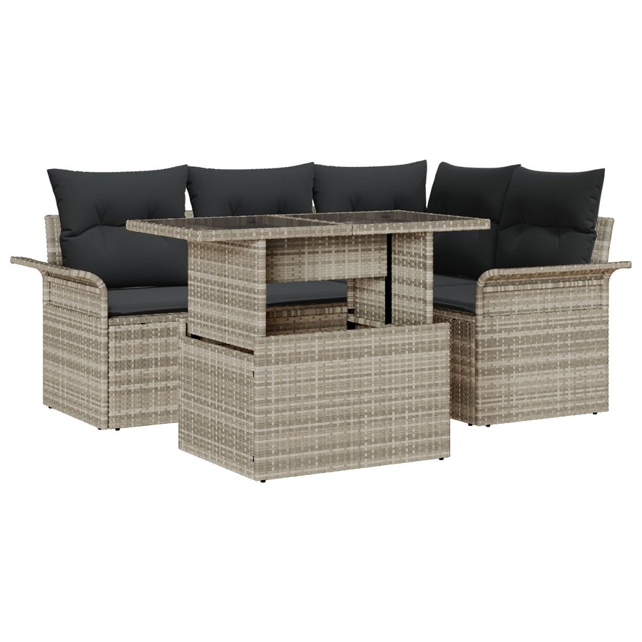 5-Delige Tuin Sofaset Met Kussens Lichtgrijs Poly Rattan