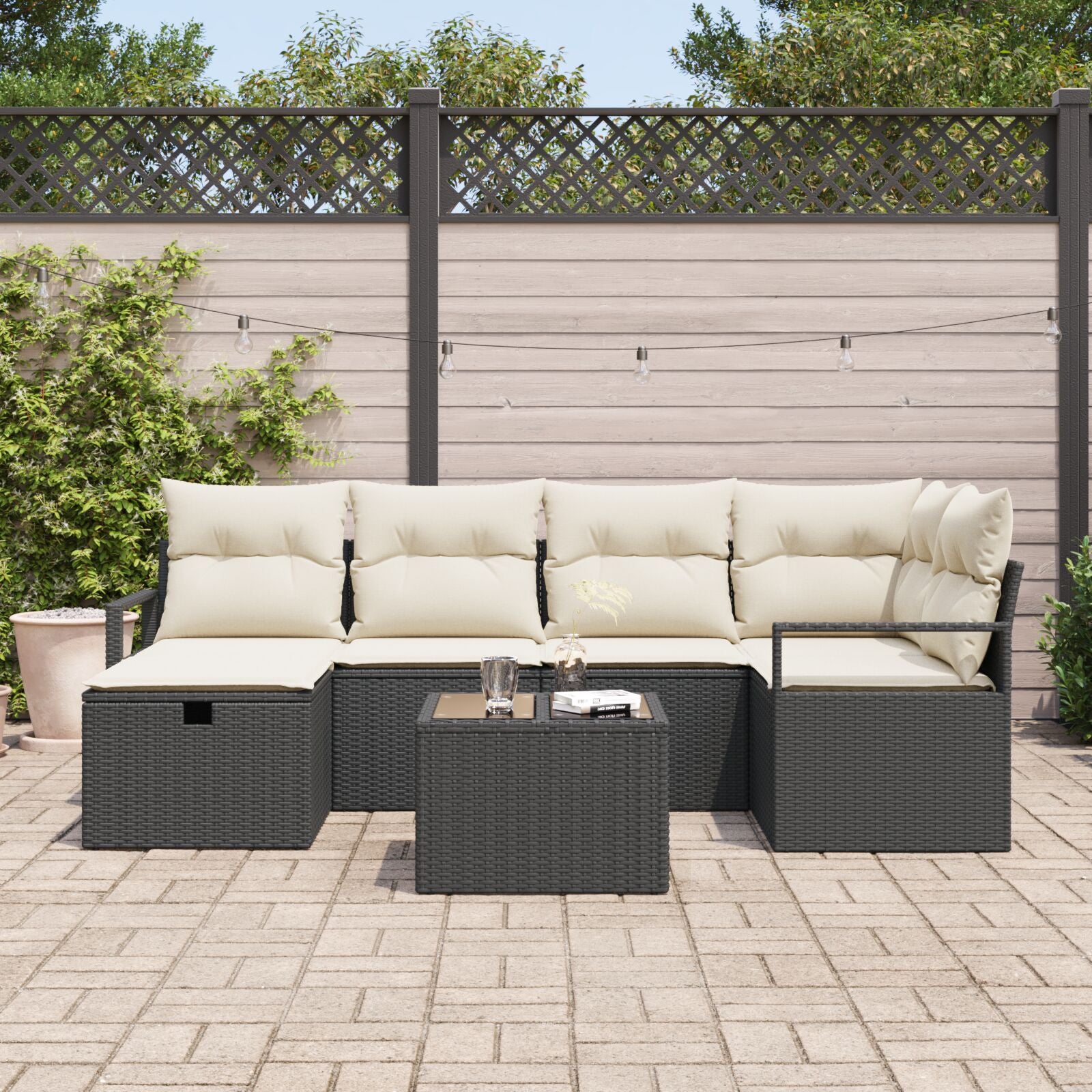 7 Delige Tuin Sofa Set Met Kussens Zwart Poly Rattan,  2-Persoons Tuin Sofa Met Kussens Zwart Poly Rattan