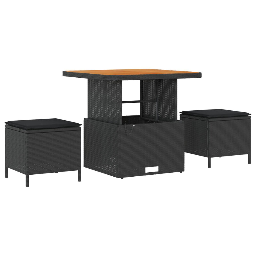 3-Delig Tuin Eetset Met Kussens Poly Rattan Acaciahout 80 cm Zwart 2 krukken