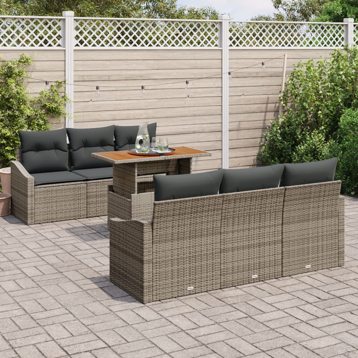 7-Delige Tuin Dining Set Met Kussens Grijs Poly Rattan Acacia