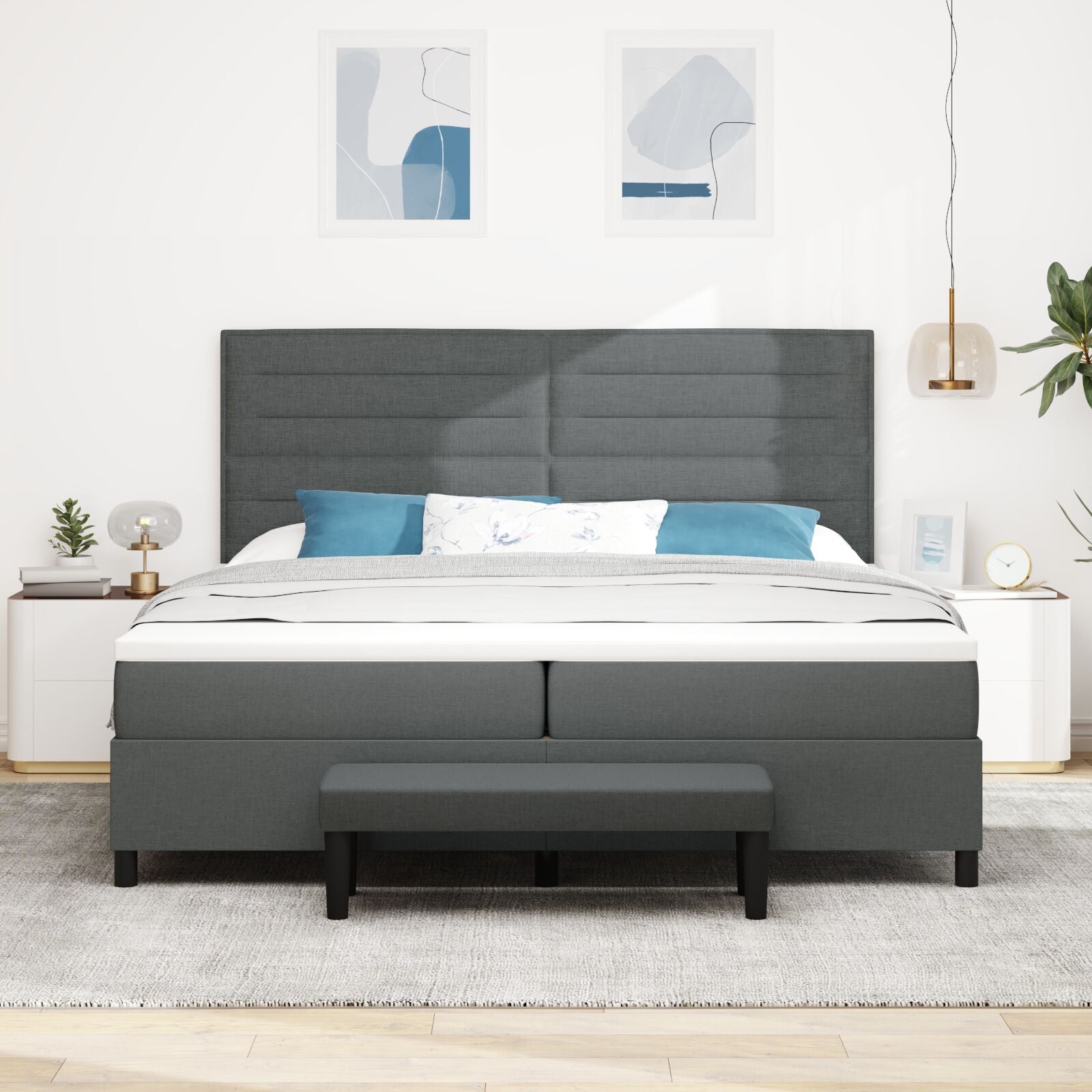 Boxspring Bed Met Matras & Bank Stof Donkergrijs 200 x 200 cm Lijnen design