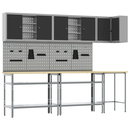 10-Delig Gereedschapsopslagtafelset Geperst Hout En Metaal 100 cm cabinet met pegboard Zwart 3x tafel + 4x cabinet + 6x pegboard