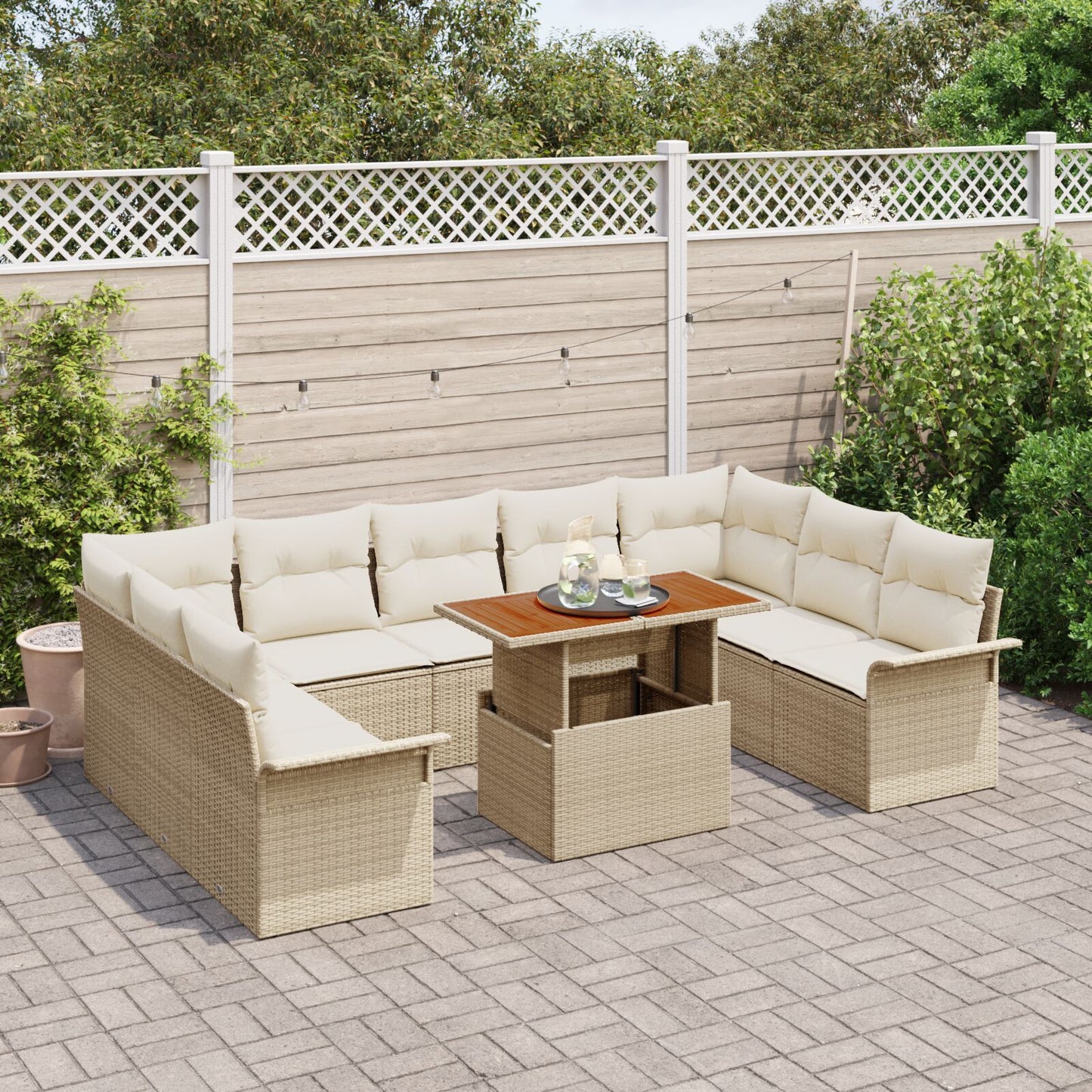 10-Delige Tuin Eettafel Set Met Kussens Beige Poly Rattan Acacia