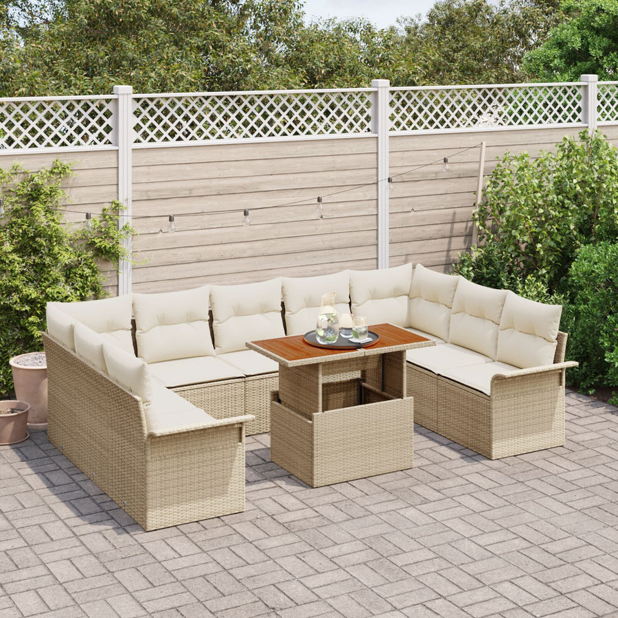 10-Delige Tuin Eettafel Set Met Kussens Beige Poly Rattan Acacia