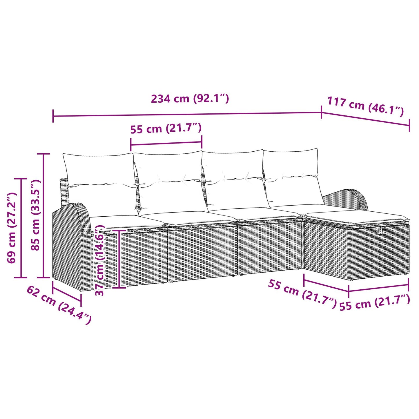 5-Delige Tuin Sofa Set Met Kussens Grijs Poly Rattan