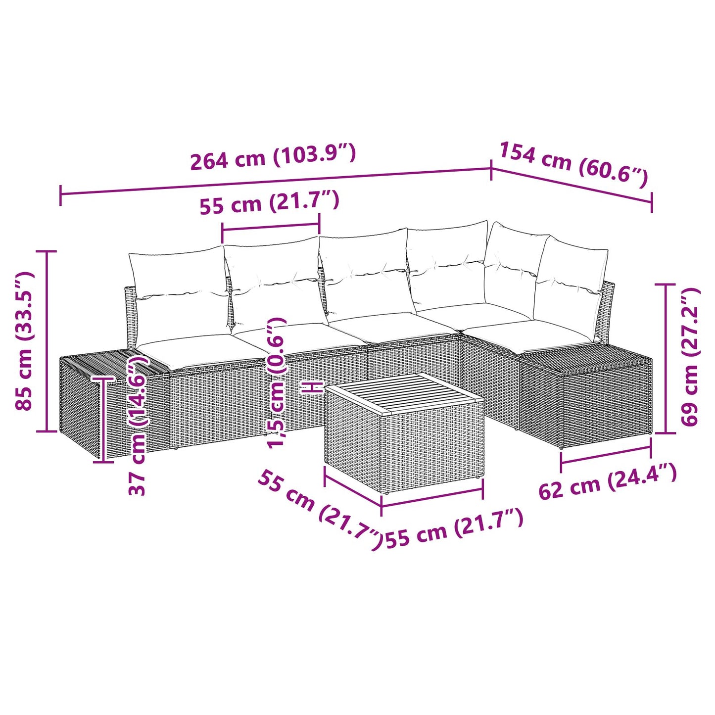 6-Delige Tuin Sofa Set Met Kussens Zwart Poly Rattan Acacia