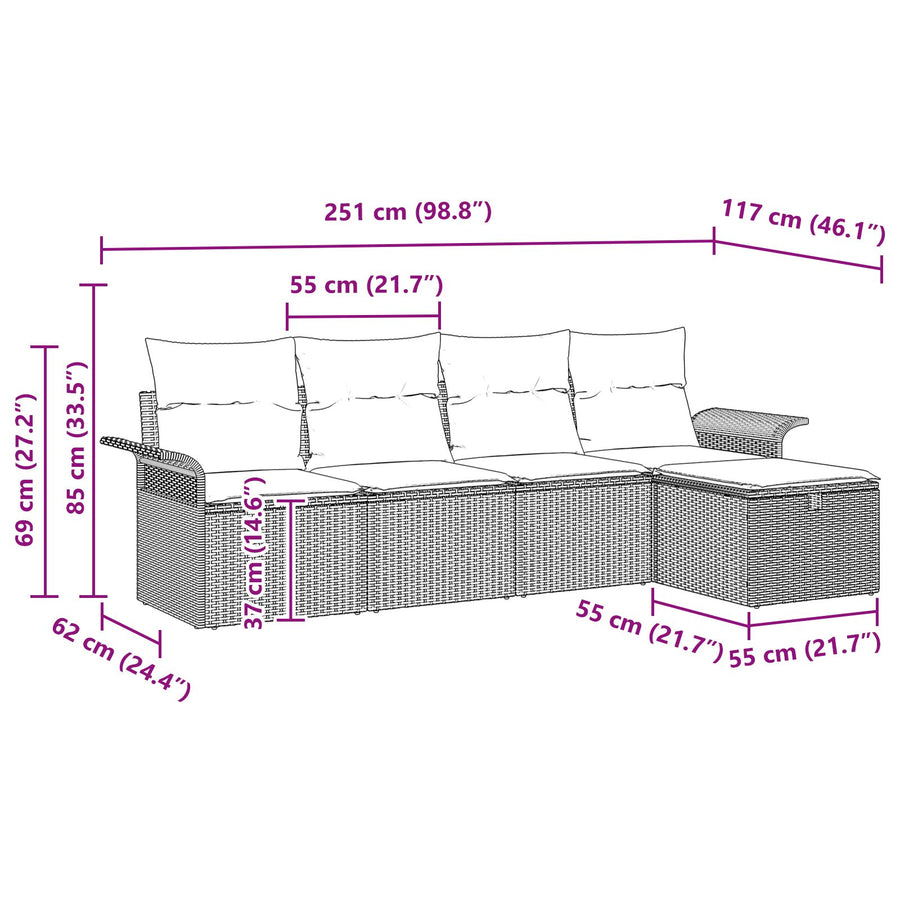 5-Delige Tuinsofa Set Met Kussens Zwart Poly Rattan