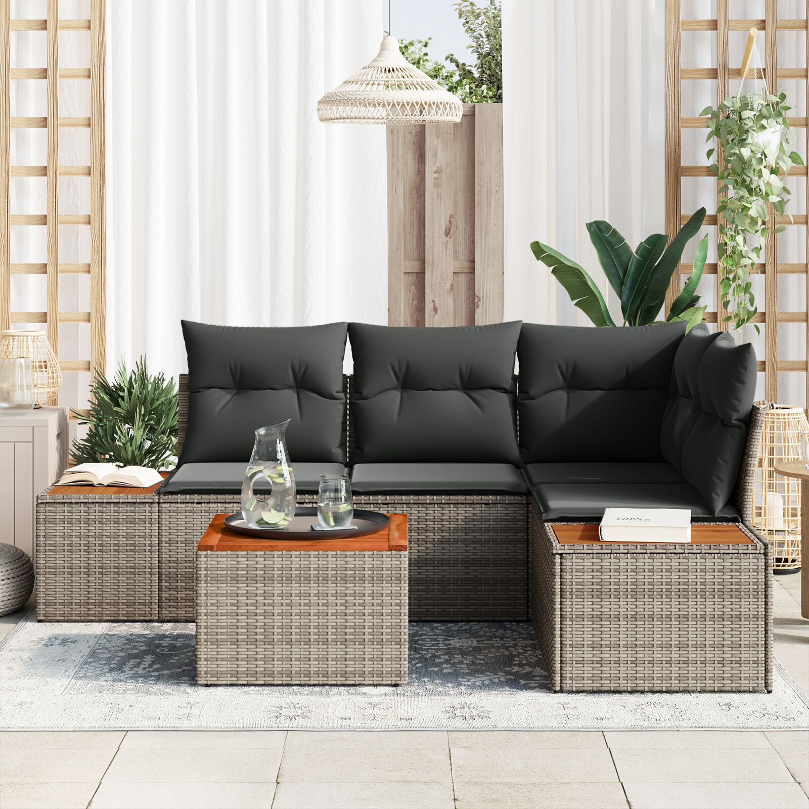 5-Delige Tuin Bankstel Met Kussens Grijs Poly Rattan Acacia
