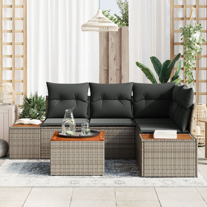 5-Delige Tuin Bankstel Met Kussens Grijs Poly Rattan Acacia