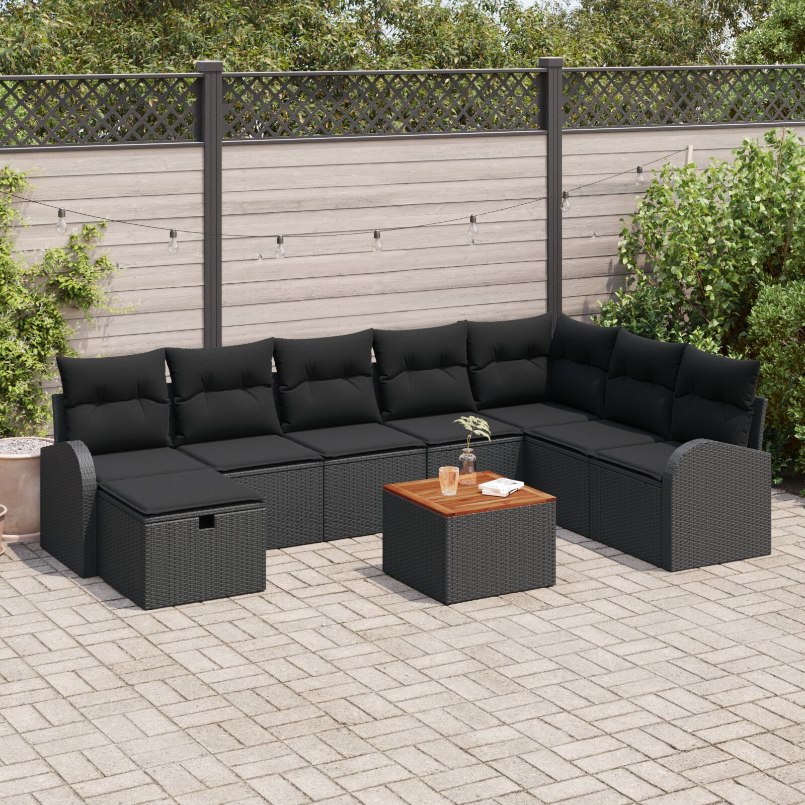 9-Delige Tuin Sofa Set Met Kussens Zwart Poly Rattan