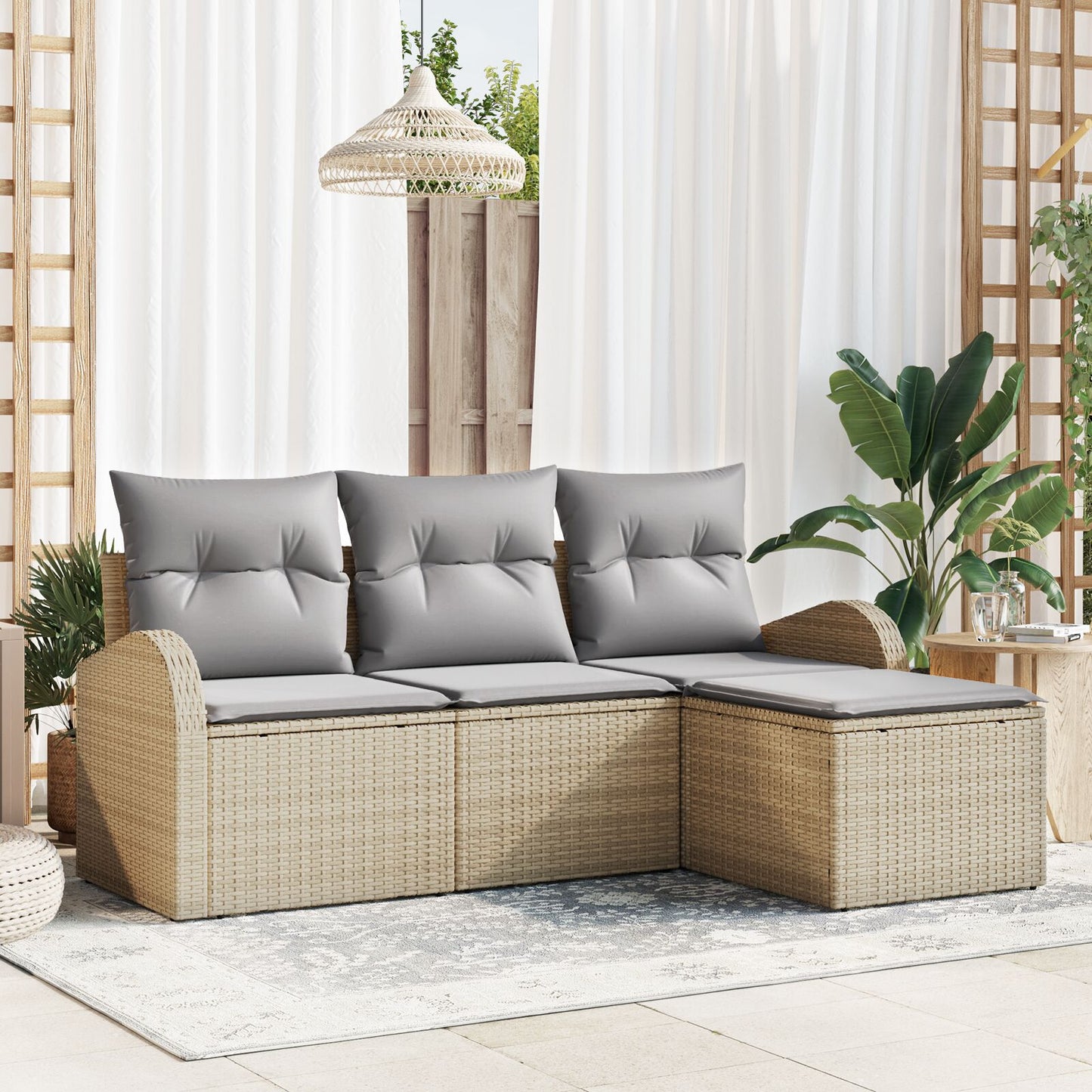 4-Delige Tuinbankset Met Kussens Beige Poly Rattan