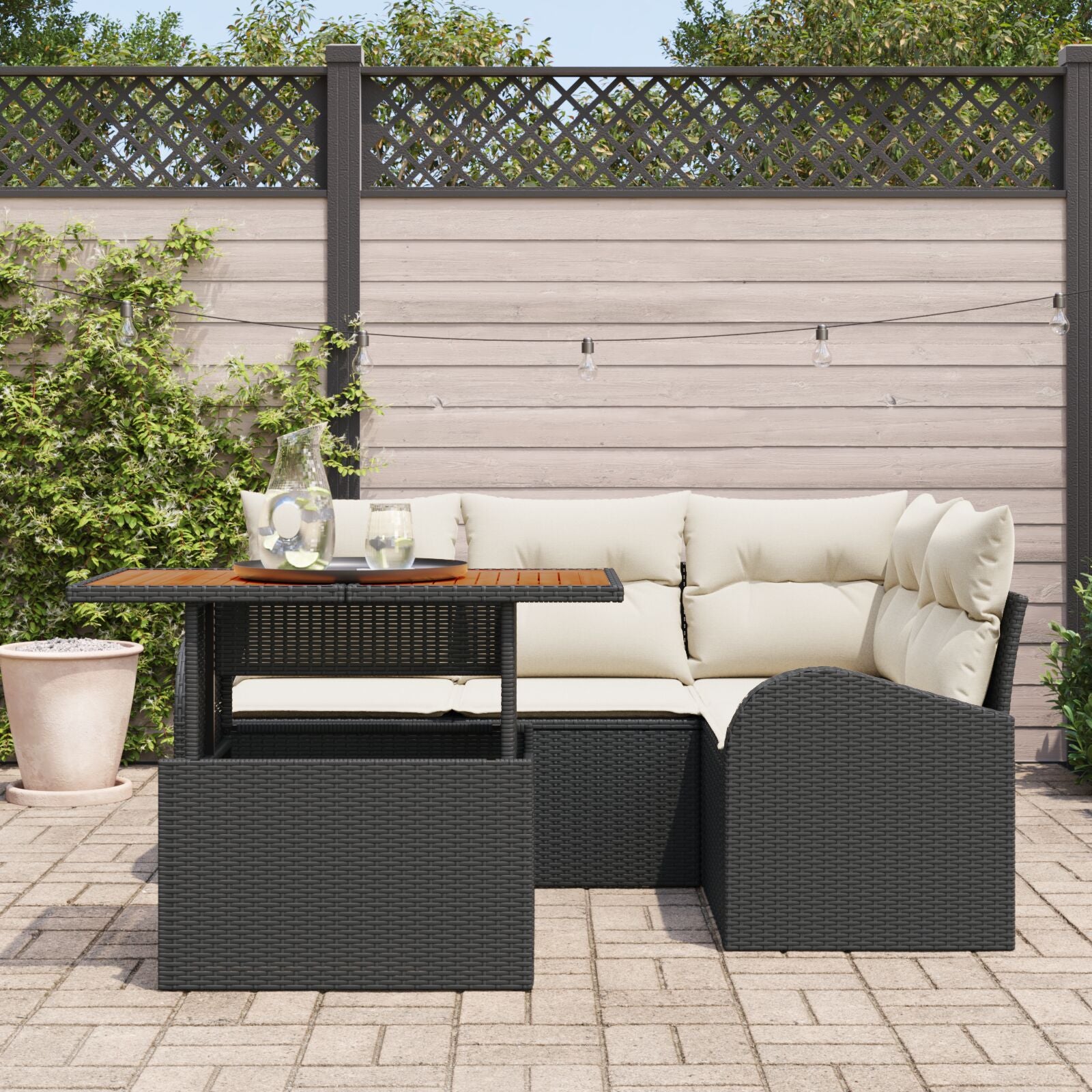 5-Delige Tuin Eettafel Set Met Kussens Zwart Poly Rattan Acacia