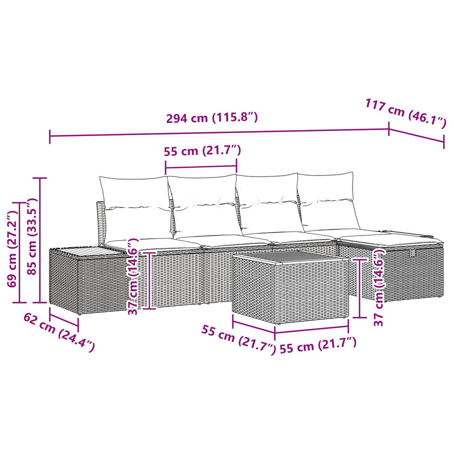 6-Delige Tuin Sofa Set Met Kussens Grijs Poly Rattan