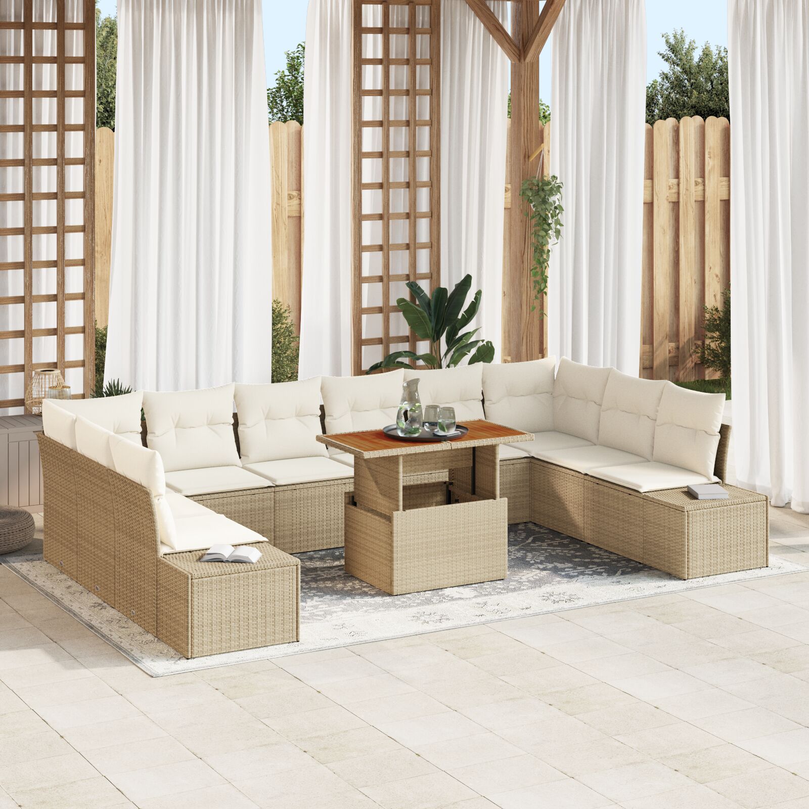 Tuin Sofa Set Set Van 11 Beige Riet, Polyester Tuin Eetset