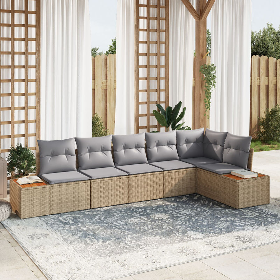 6-Delige Tuinsofa Set Met Kussens Poly Rattan Acacia Beige en grijs zonder tafel