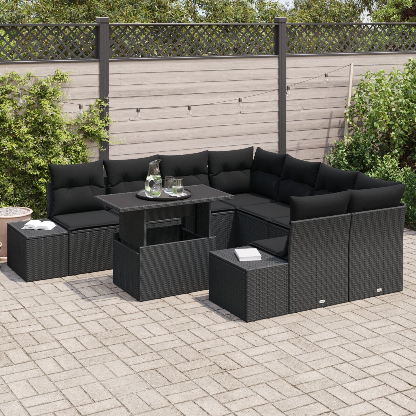 9 Delig Tuinbank Set Met Kussens Zwart Poly Riet
