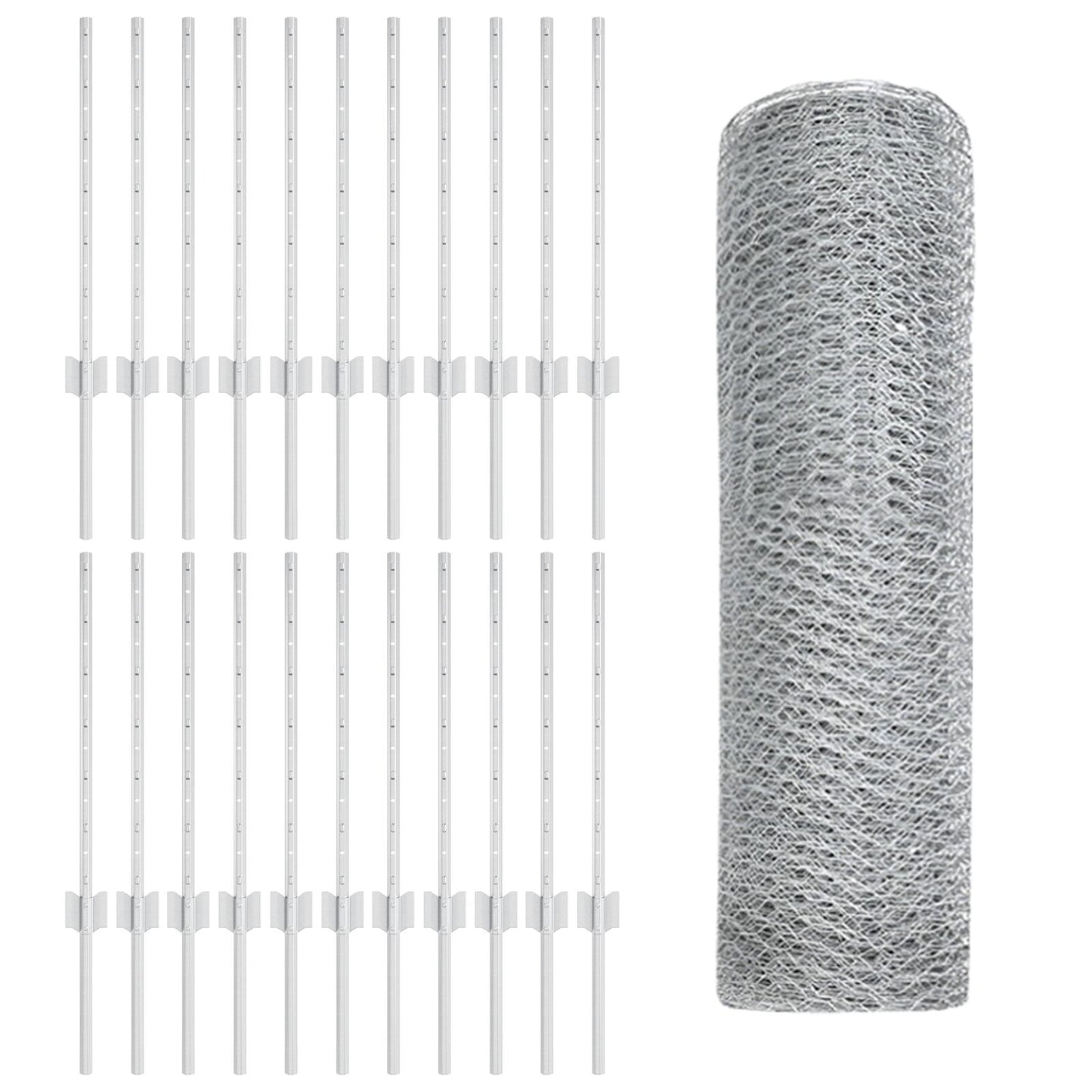 Hekpalen 11 Stuks U-Kanaal 60 Cm Gegalvaniseerd Staal,  Hexagonhek 0,6X50 M Gegalvaniseerd Staal