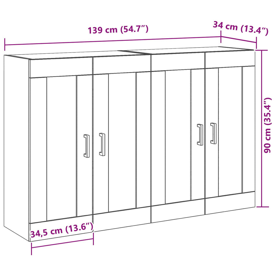 Wandkast Set Van 2 Oud Hout, Zwart Bewerkt Hout, Glas