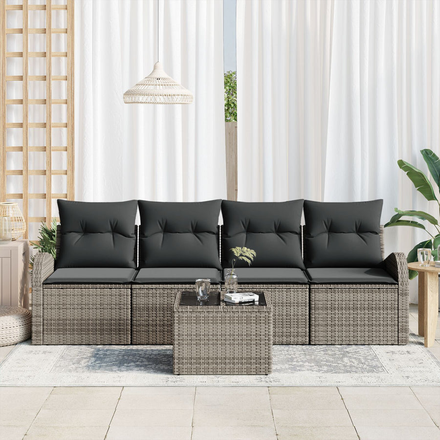 5-Delige Tuinbankenset Met Kussens Grijs Poly Rattan