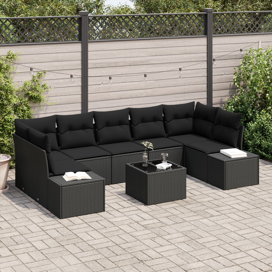 8-Delige Tuin Sofa Set Met Kussens Zwart Poly Rattan