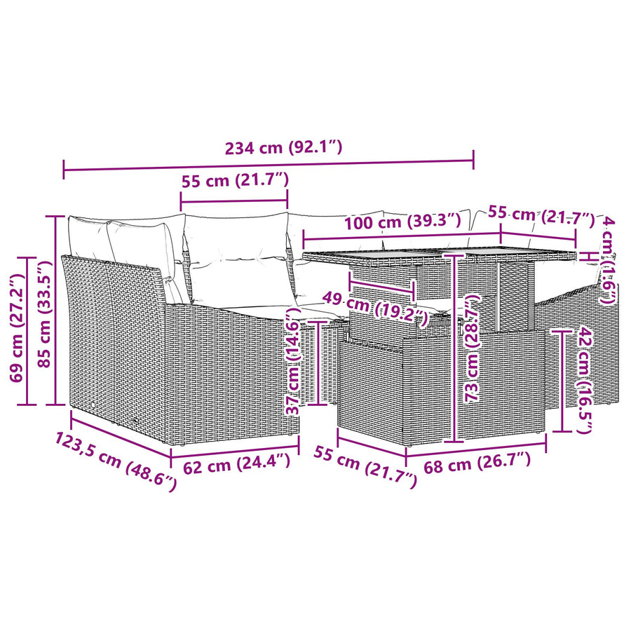 7-Delige Tuin Eetset Met Kussens Zwart Poly Rattan Acacia