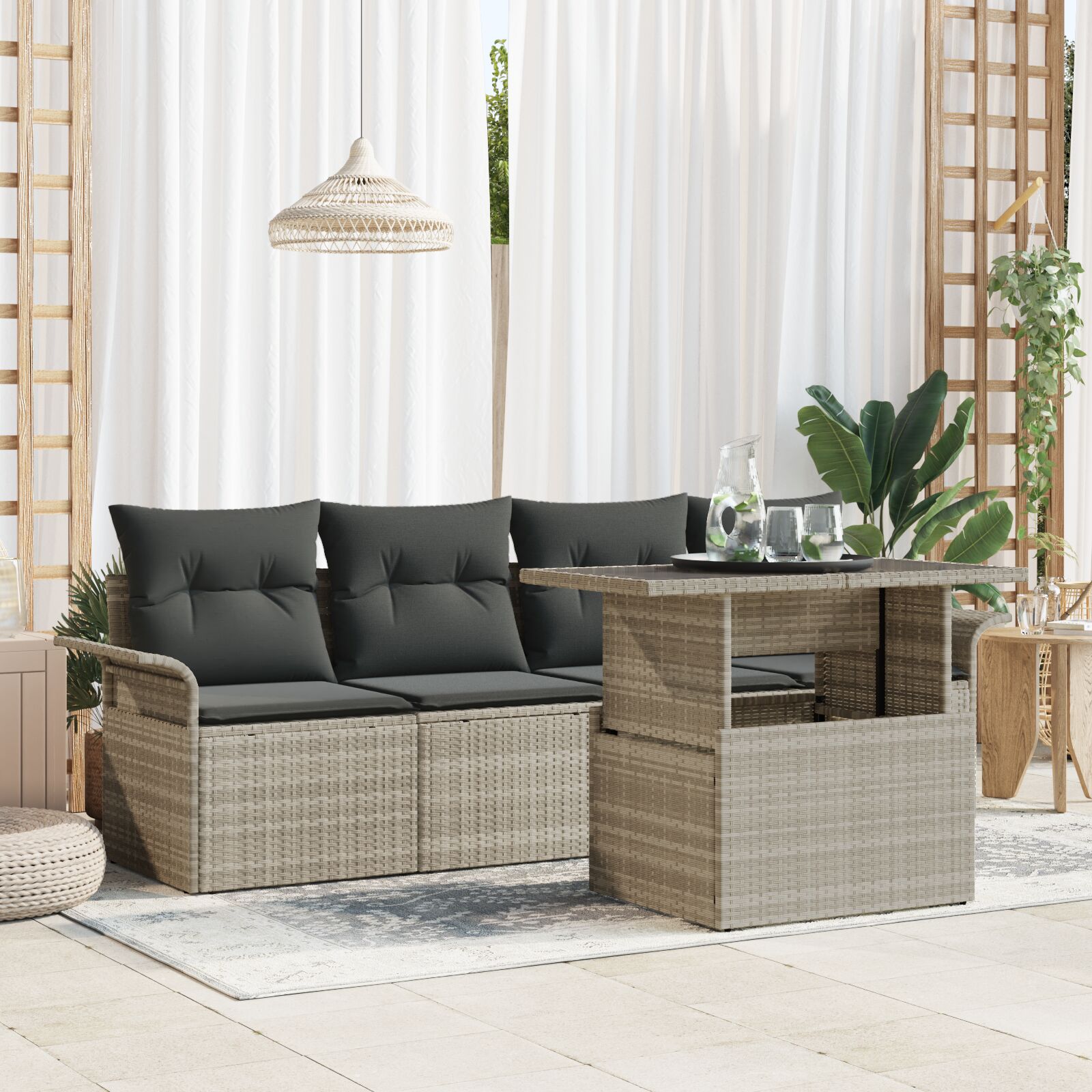 5-Delige Tuin Sofa Set Met Kussens Lichtgrijs Poly Riet