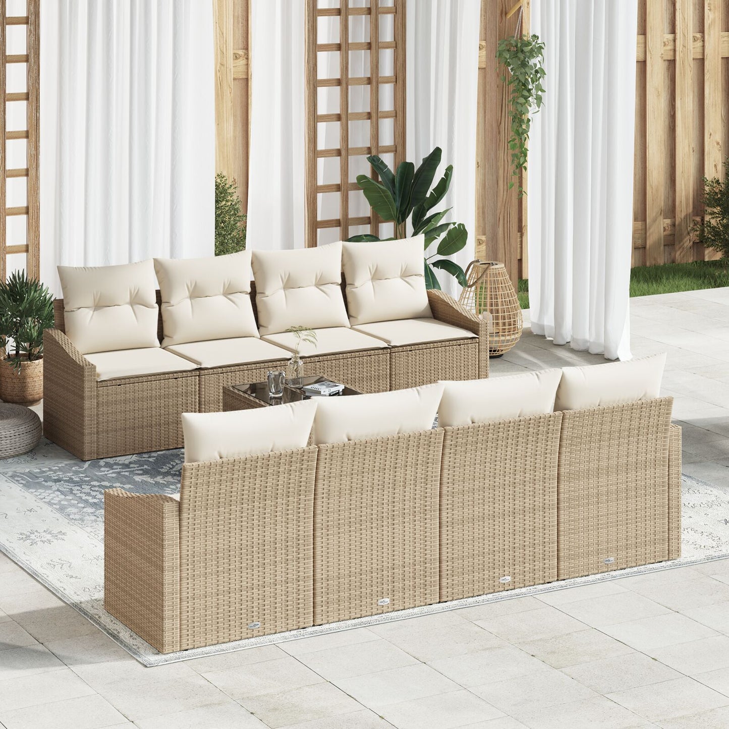 7-Delige Tuin Sofa Set Met Kussens Beige Poly Rattan Gegalvaniseerd Staal
