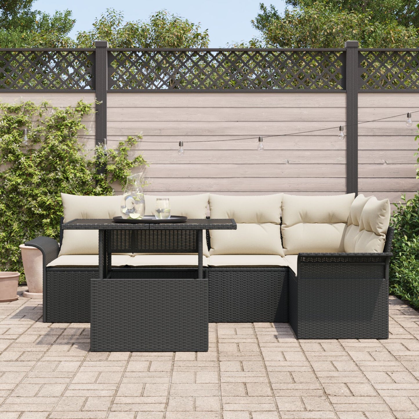 6-Delige Tuinstoelenset Met Kussens Zwart Poly Rattan