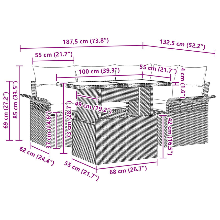 5-Delige Tuin Sofaset Met Kussens Lichtgrijs Poly Rattan
