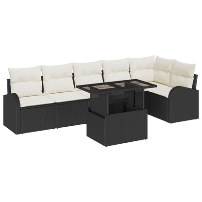 7-Delige Tuin Sofa Set Met Kussens Zwart Poly Rattan