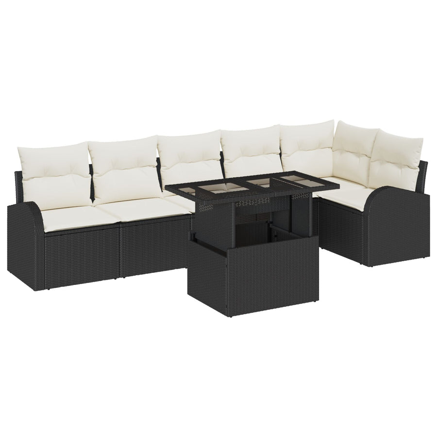 7-Delige Tuin Sofa Set Met Kussens Zwart Poly Rattan