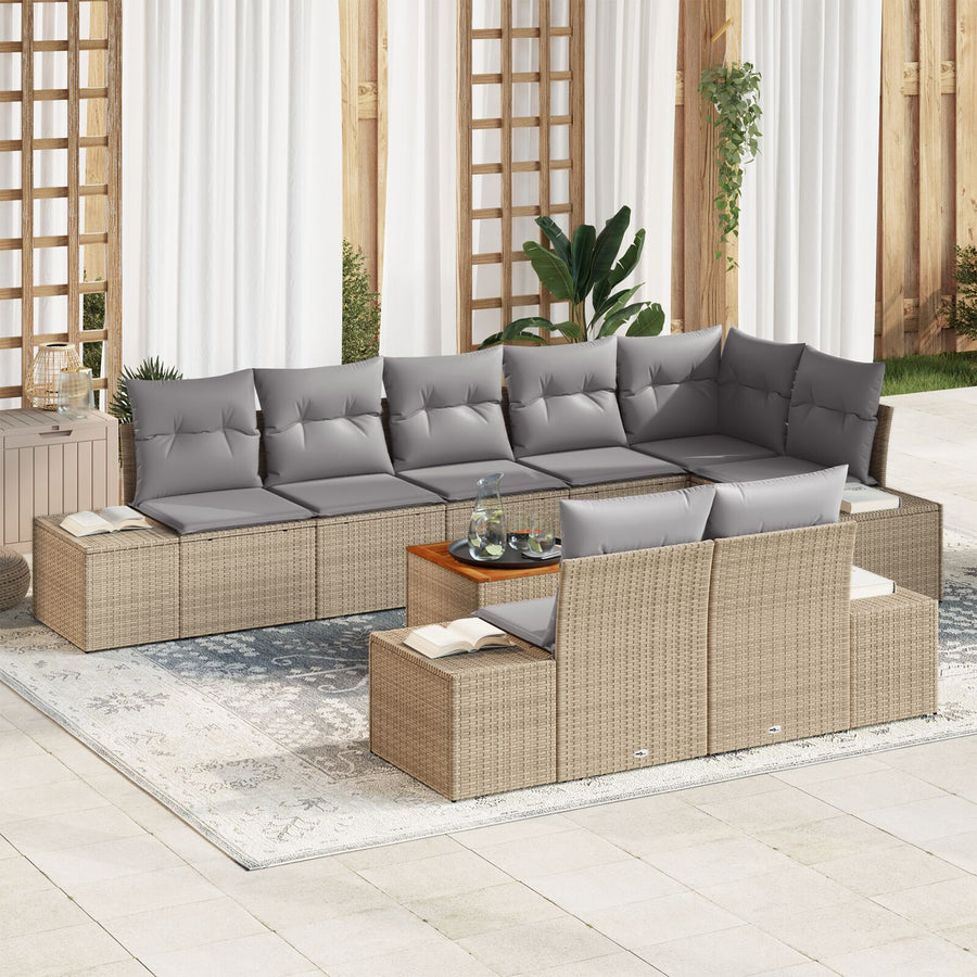 9 Delige Tuin Sofaset Met Kussens Beige Poly Rattan Acacia