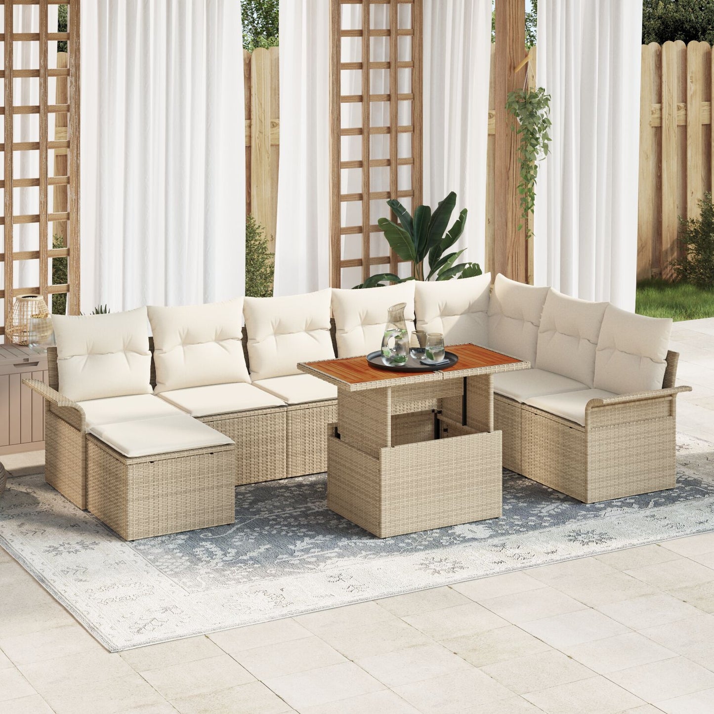 9 Delige Tuin Eetset Met Kussens Beige Poly Rattan Acacia