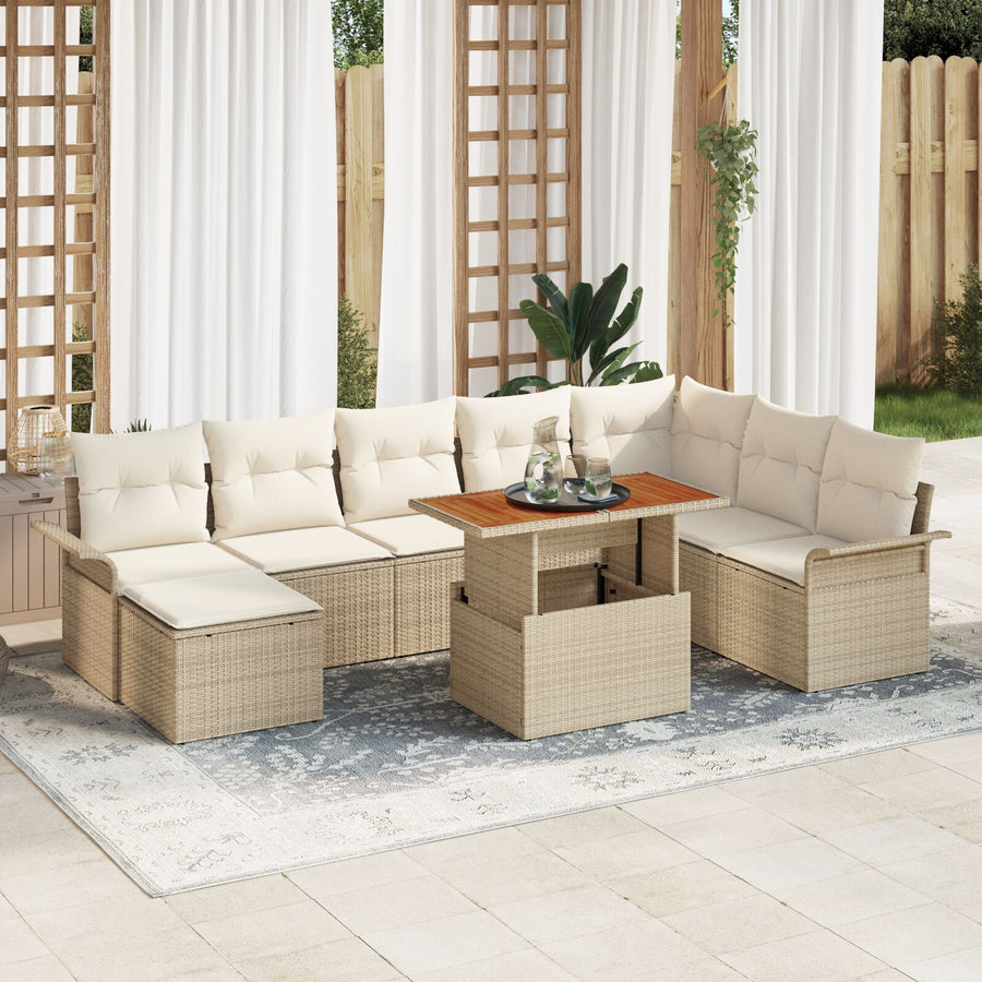 9 Delige Tuin Eetset Met Kussens Beige Poly Rattan Acacia