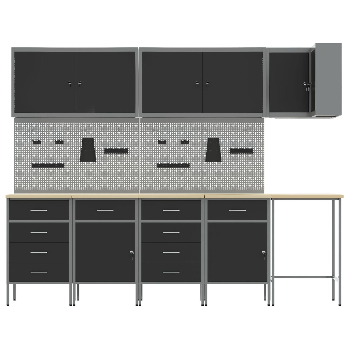 12-Delige Werkbank En Pegboard Set Mdf En Metaal 4x (2x84/2x85 cm) Zwart Tafel + 7x kast + 4x pegboard