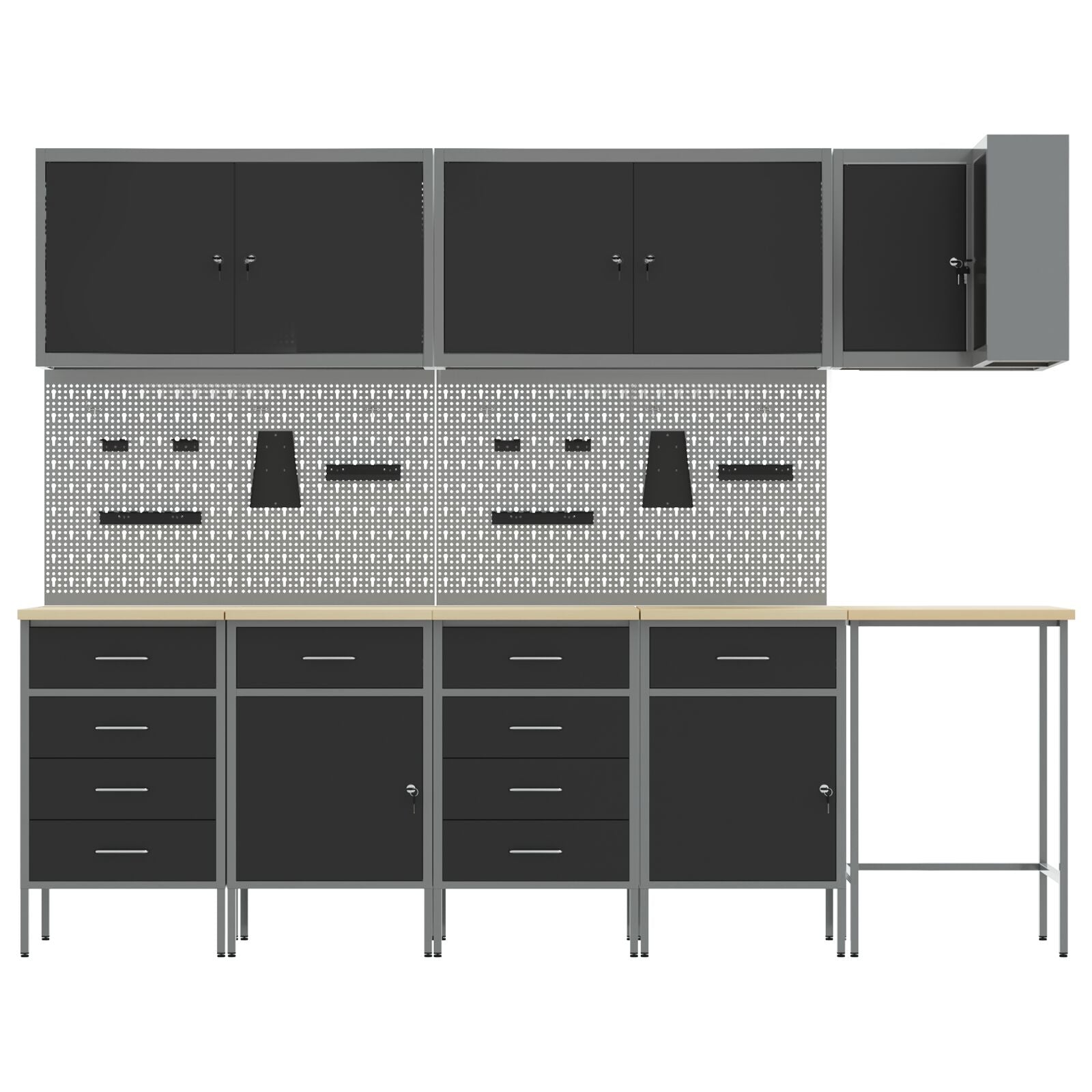 12-Delige Werkbank En Pegboard Set Mdf En Metaal 4x (2x84/2x85 cm) Zwart Tafel + 7x kast + 4x pegboard