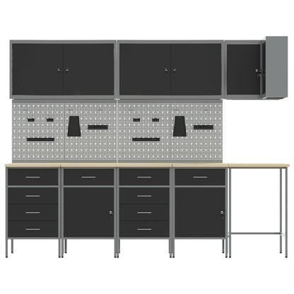 12-Delige Werkbank En Pegboard Set Mdf En Metaal 4x (2x84/2x85 cm) Zwart Tafel + 7x kast + 4x pegboard