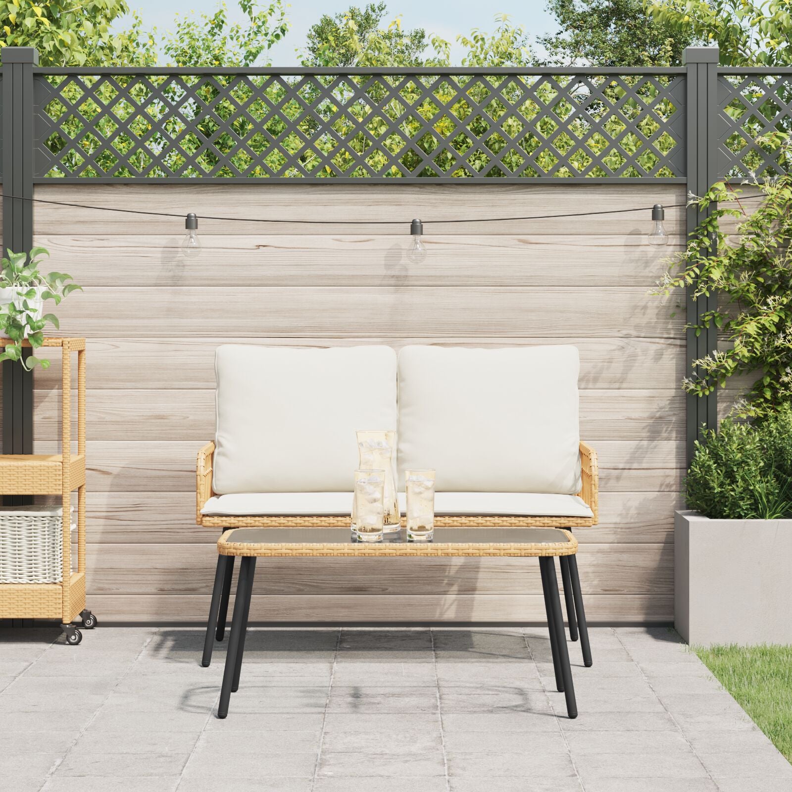 2-Delige Tuin Eettafel Set Met Kussens Poly Rattan Natuurlijk