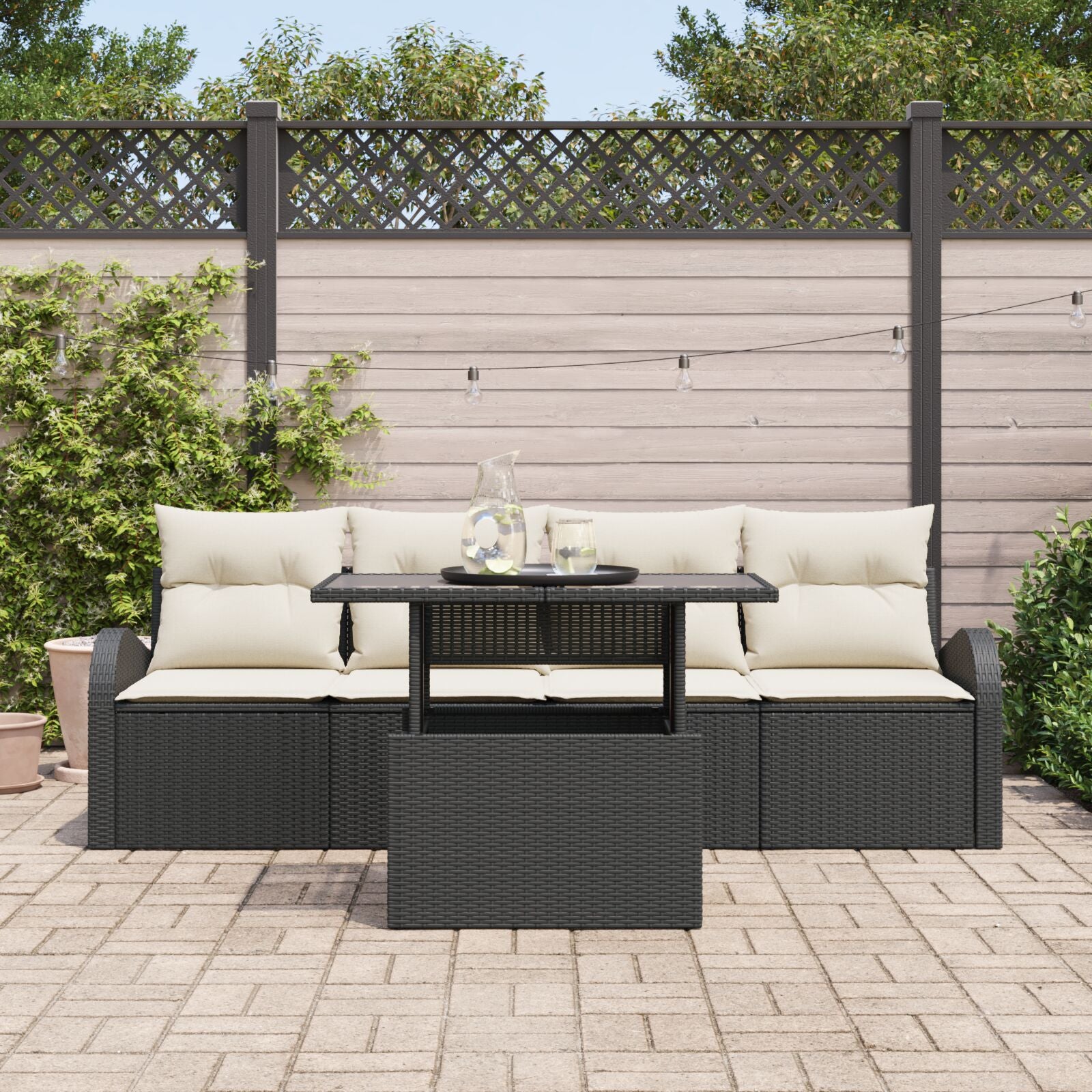 5-Delige Tuin Sofa Set Met Kussens Zwart Poly Rattan