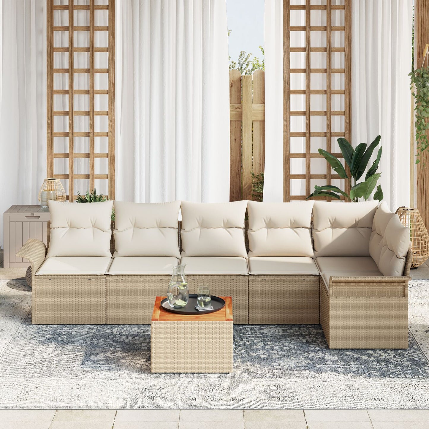 7-Delige Tuin Sofa Set Met Kussens Beige Poly Rattan Acacia